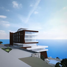 Animation Hotel an Steilküste mit Meerblick.